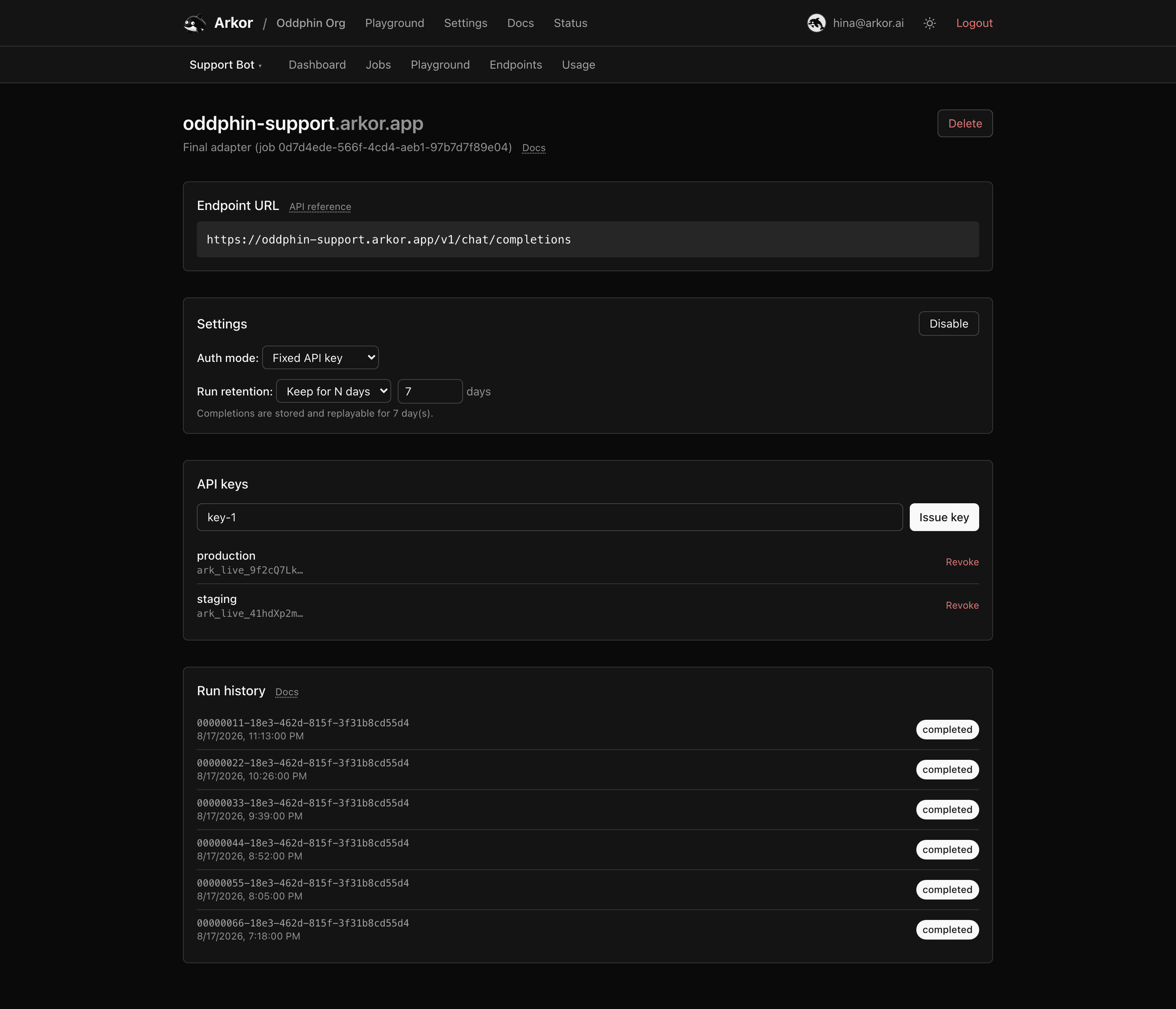 An endpoint's detail page with its URL, settings, API keys, and run history