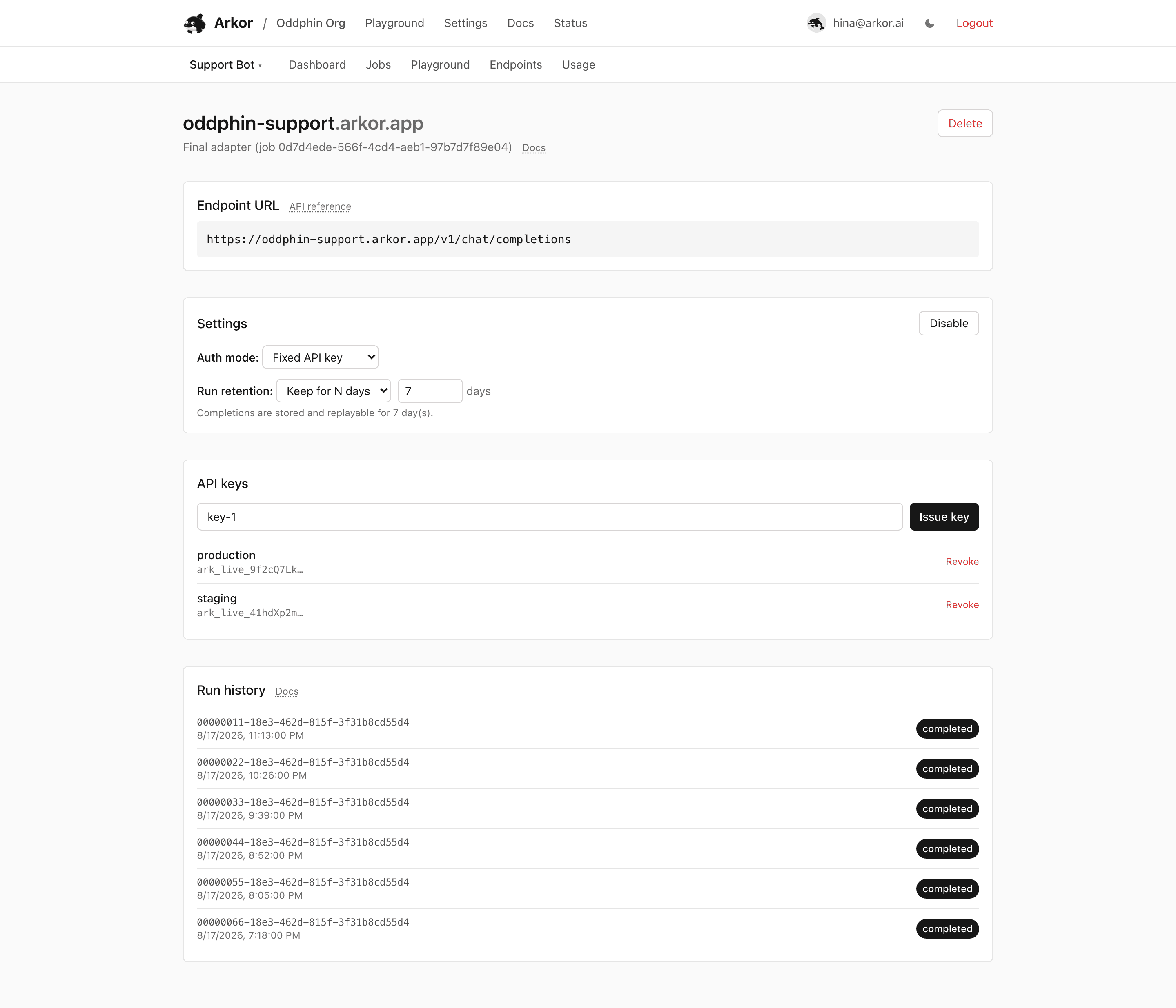 An endpoint's detail page with its URL, settings, API keys, and run history