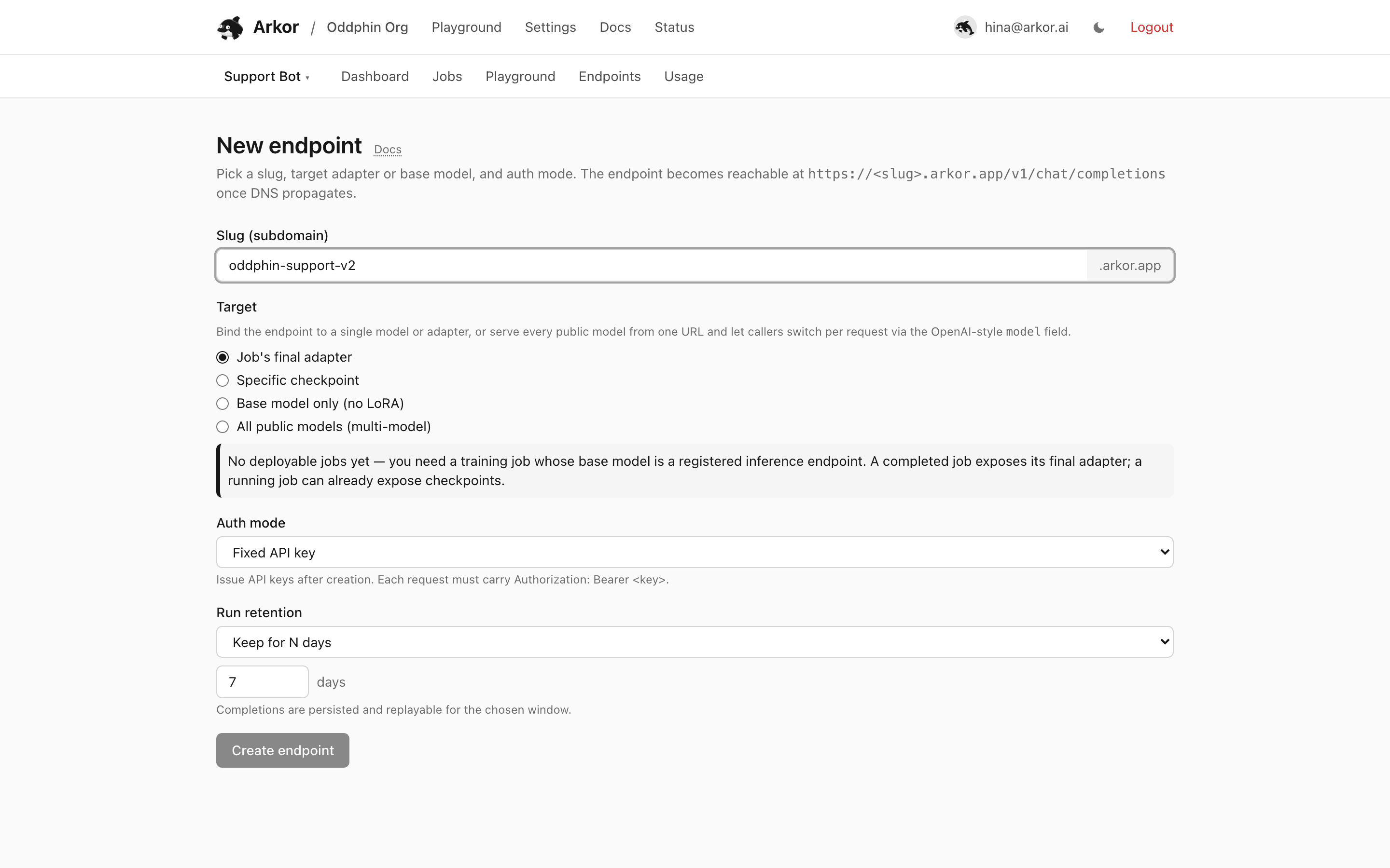 The new endpoint form