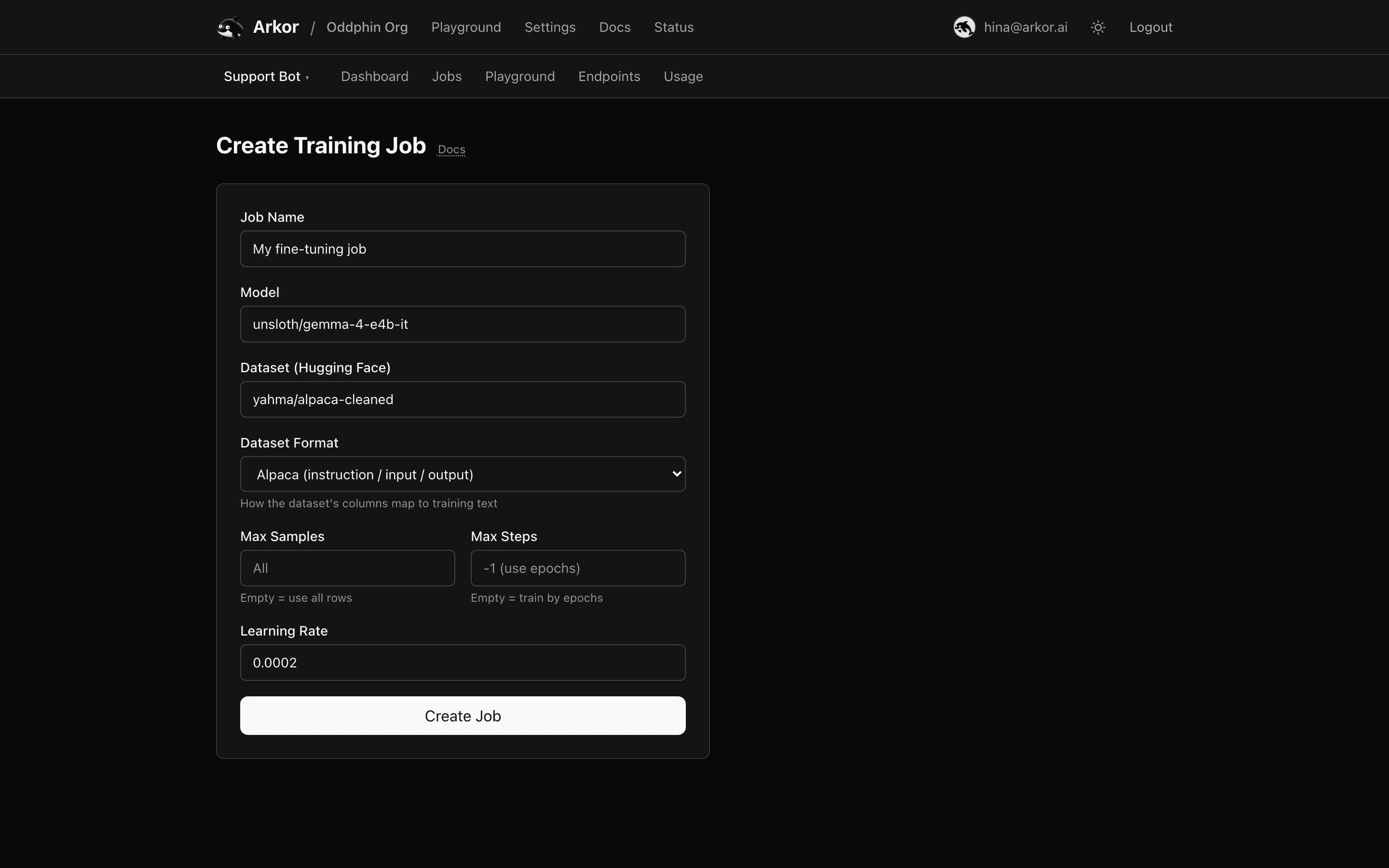 The new job form