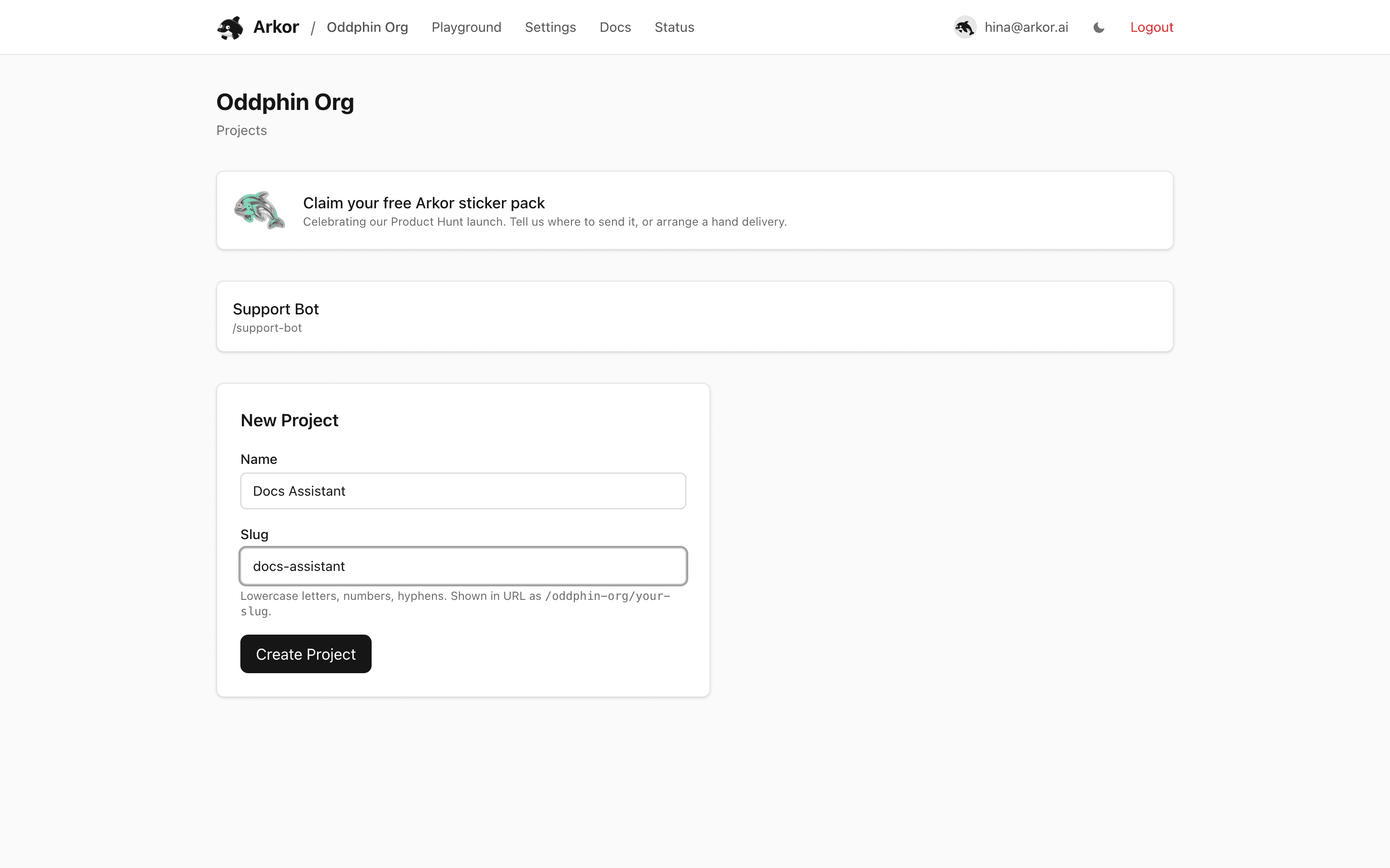 The organization page with the project list