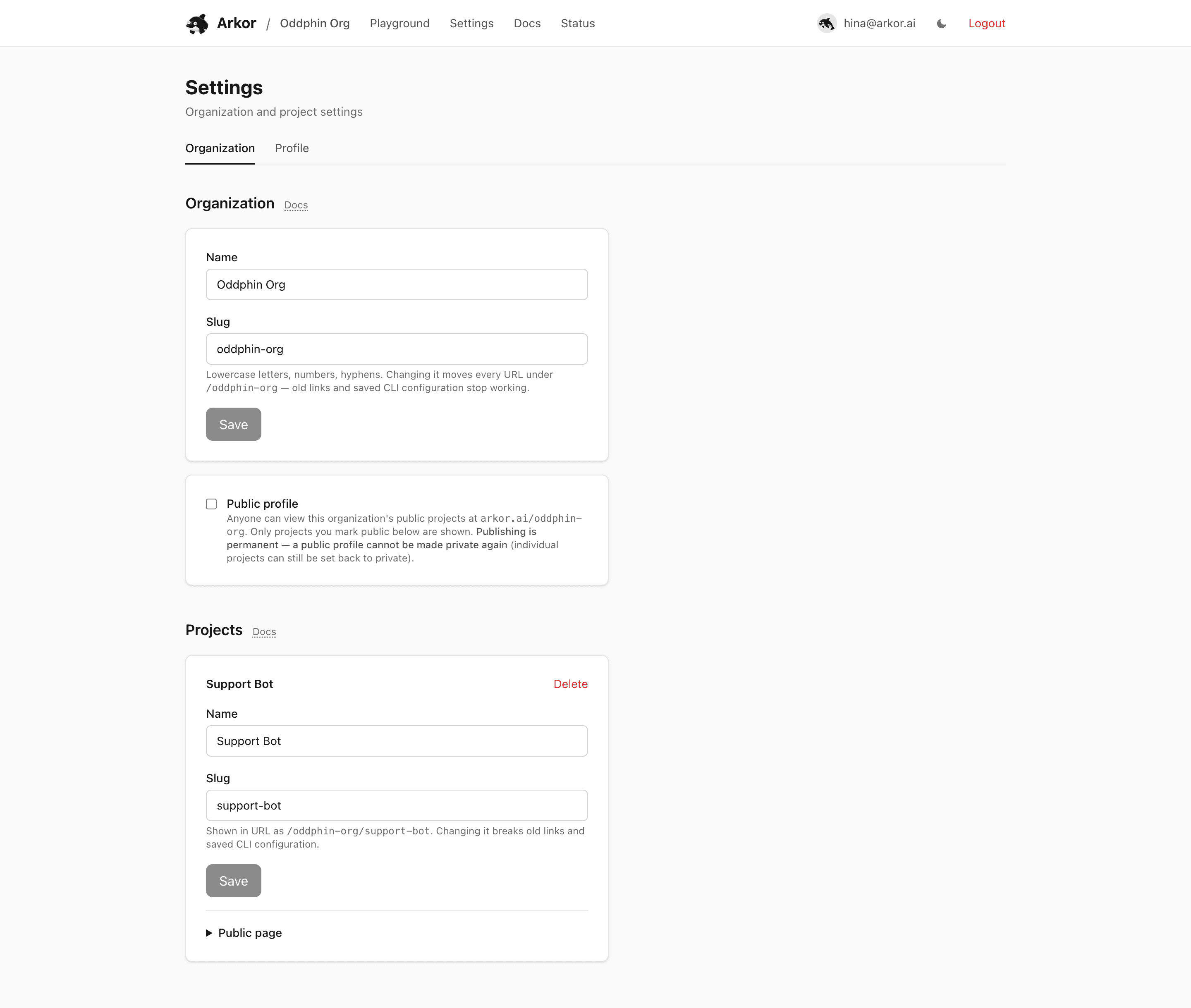 The organization settings page