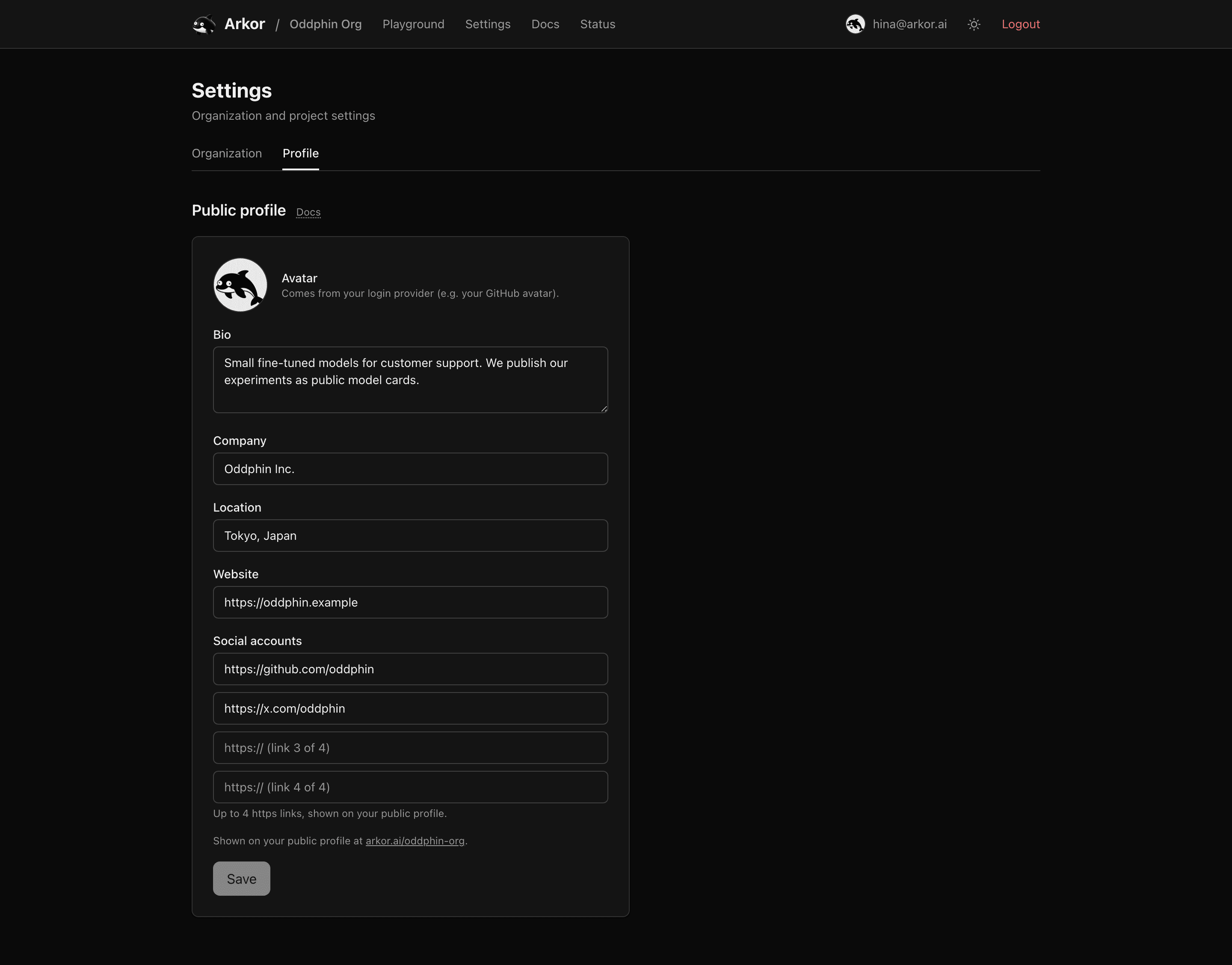 The Profile tab in Settings with bio, company, location, website, and social accounts