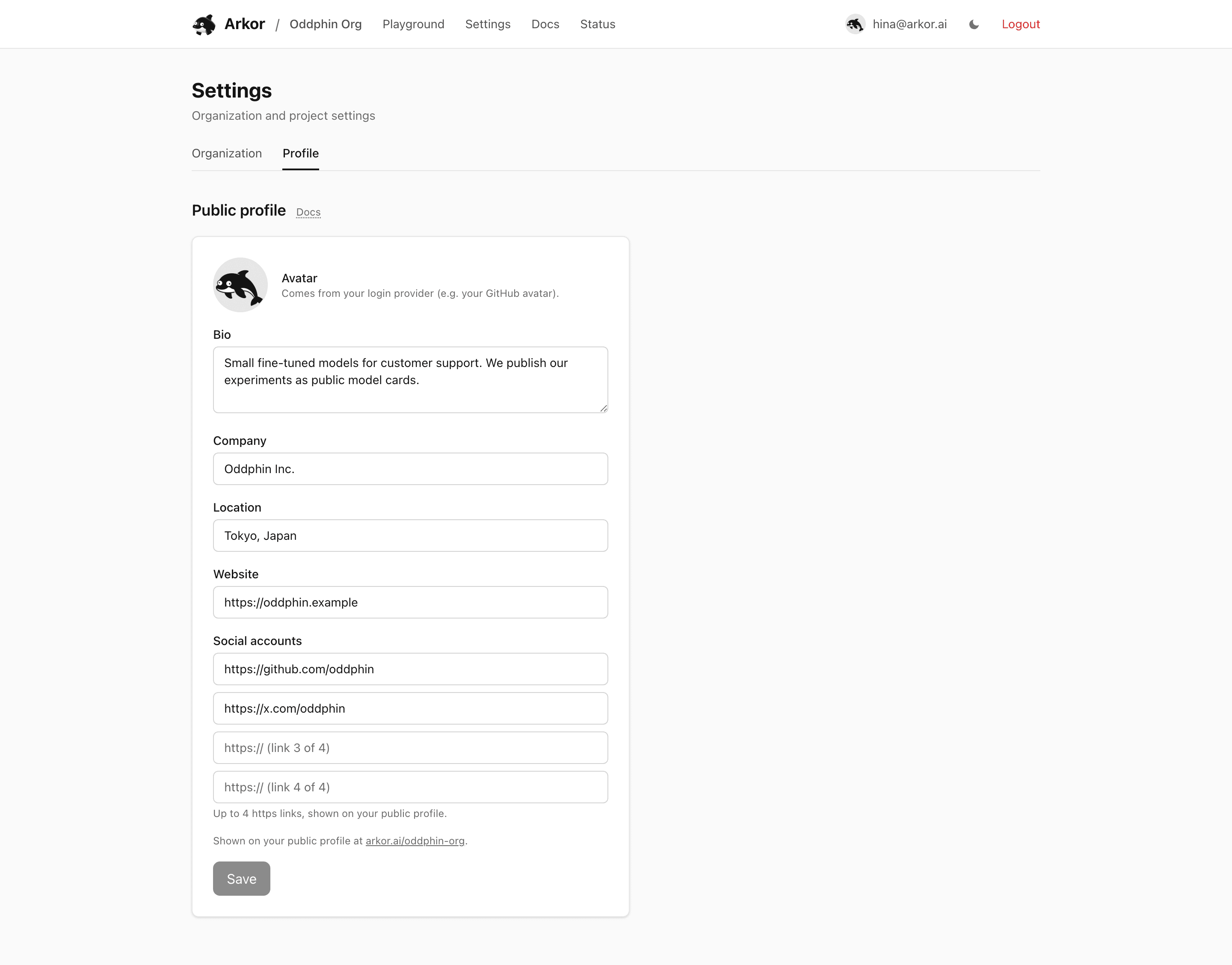 The Profile tab in Settings with bio, company, location, website, and social accounts